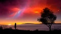 Silhouette young woman standing on land with tree and colorful fractal nebula at sunset on mountain and haze. Digital painting and Royalty Free Stock Photo