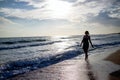 Silhouette of a young woman walking along the beach. Royalty Free Stock Photo