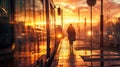 Silhouette of a young woman walking on the platform of a train station at sunset