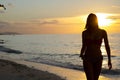 Silhouette of young woman walking by the sea at sunset Royalty Free Stock Photo