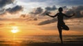 Silhouette of a young woman yoga meditation during an amazing sunset Royalty Free Stock Photo