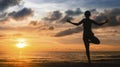 Silhouette of a young woman yoga meditation during an amazing sunset