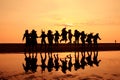 Silhouette of young women on a sunset beach Royalty Free Stock Photo