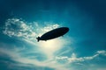 A silhouette of a zeppelin flying through a clear blue sky with white clouds. Generative AI Royalty Free Stock Photo