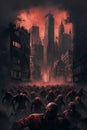 Silhouette zombies walking on ruins city background illustration