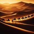 A caravan of camels traverses the vast sand dunes of the Sahara Desert