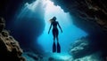 Silhouetted against the light, a diver floats in the blue waters of a sunlit underwater cavern. Royalty Free Stock Photo
