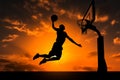 Silhouetted basketball player in mid air jump, poised for the slam dunk Royalty Free Stock Photo