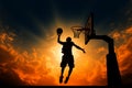 Silhouetted basketball player soars high in an impressive, dynamic jump