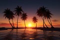 Silhouetted beauty palm trees sway in a vibrant tropical sunset