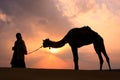 Silhouetted bedouin walking with his camel at sunset, Thar desert near Jaisalmer, India