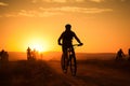 Silhouetted bicycles and cyclists capture the essence of travel and fitness