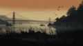 Silhouetted Birds: A Digital Painting Of The Golden Gate Bridge In Mist