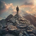 Silhouetted businessman stands on a rocky mountain peak against a majestic dawn sky, symbolizing success