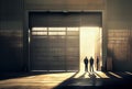 Three Silhouetted Businessmen Standing Near Opening of Large Commercial Industrial Building - Generative AI