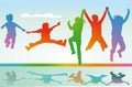 Silhouetted children jumping