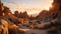 Silhouetted cholla cacti and boulders at sunset