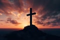 Silhouetted christian cross silhouette on the mountain at sunset. Generative AI Royalty Free Stock Photo