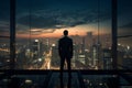 Silhouetted cityscape frames a confident businessman, a vision of success