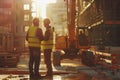 Silhouetted construction team walking through an active site with bright sunset lighting Royalty Free Stock Photo