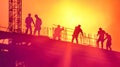 Silhouetted construction workers dynamically engage in building a structure at high altitude, illuminated by a vivid sunset and Royalty Free Stock Photo