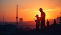 Construction Workers Silhouetted at Sunset Reviewing Tablet Teamwork Engineering AI generated. Royalty Free Stock Photo
