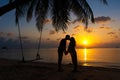 Silhouetted couple in love kisses on the beach during sunset Royalty Free Stock Photo