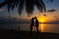 Silhouetted couple in love kisses on the beach during sunset Royalty Free Stock Photo