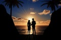 Silhouetted couple stands amidst palm trees, framed by a sunset