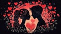Silhouetted couple surrounded by red hearts and foliage decorations Royalty Free Stock Photo