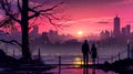 Silhouetted couple by a tree-laden lake at dusk, with a pink-hued cityscape horizon