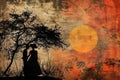 Silhouetted couple under a tree with a warm sunset, symbolizing love and freedom on Juneteenth freedom day, African Royalty Free Stock Photo