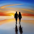 Silhouetted Couple Walking on a Beach at Sunset Royalty Free Stock Photo