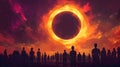 Silhouetted crowd watching fiery solar eclipse sky Royalty Free Stock Photo