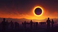 Silhouetted crowd watching solar eclipse at sunset over mountains Royalty Free Stock Photo