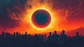 Silhouetted crowd watching solar eclipse during vibrant sunset Royalty Free Stock Photo