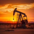 Silhouetted Crude Oil Pumpjack on Desert at Dusk. Generative AI