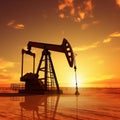 Silhouetted Crude Oil Pumpjack on Desert at Dusk. Generative AI