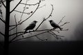 Silhouetted elegance bird shadows grace tree branches in a monochrome setting