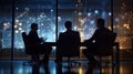 Silhouetted executives discussing amidst data visuals. Generative AI