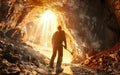 Silhouetted explorer standing in a cave with a beam of sunlight illuminating the rocky interior.