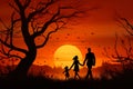 Silhouetted Family Walking at Sunset in Park. Royalty Free Stock Photo