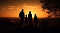 Silhouetted family watches the sun disappear below the horizon