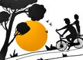 Silhouetted Father And Son Riding Cycle With Sun, Tree And Birds, And Path. On White Background.