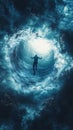 A silhouetted figure appears to be floating or falling through a swirling, vortex-like