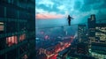 Silhouetted figure balances on a tightrope between skyscrapers at dusk. Urban thrill-seeker takes a risk above city