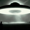 a silhouetted figure like a bright glowing UFO flying over the sky illustration