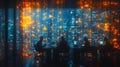 Cybersecurity Team Working Late at Night Cityscape Background Digital Data Stream AI generated.