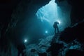 Silhouetted Figures Exploring a Dark Cave with Headlamps Royalty Free Stock Photo