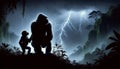 Silhouetted figures of a gorilla and child in a stormy jungle